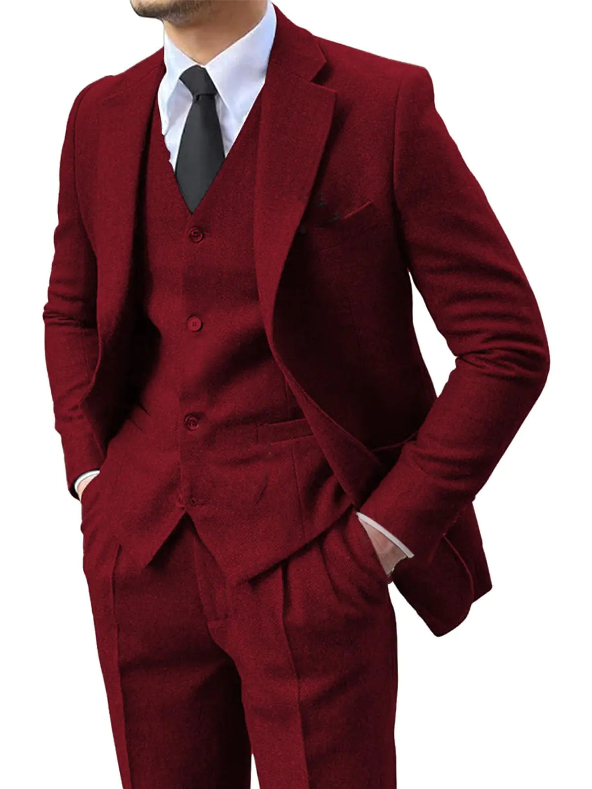 Lipoon Men's Classic Burgundy Tweed 3-Piece Suit