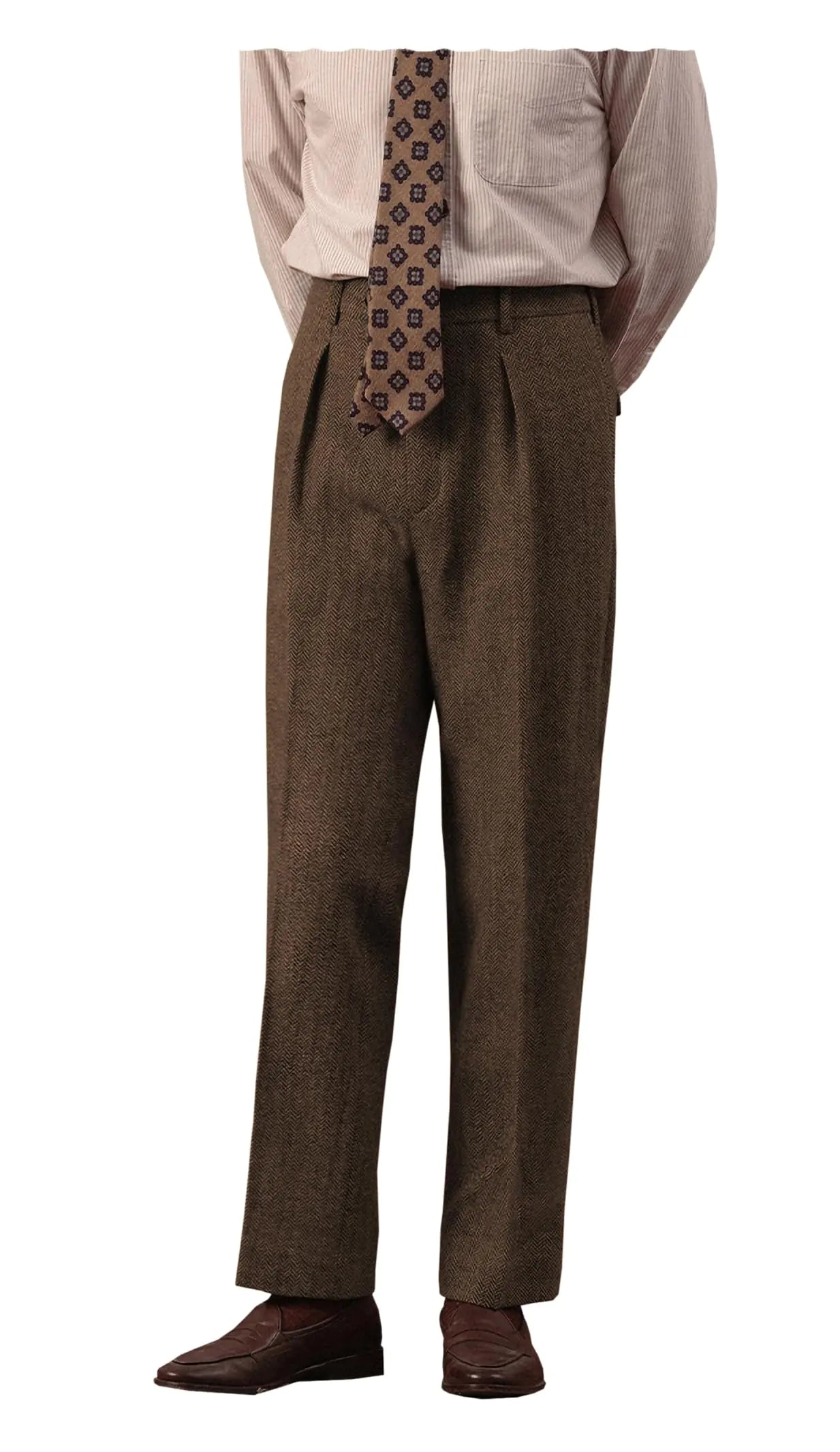 Retro Herringbone Tweed Dress Pants - Casual Fit Brown 40W x 30L