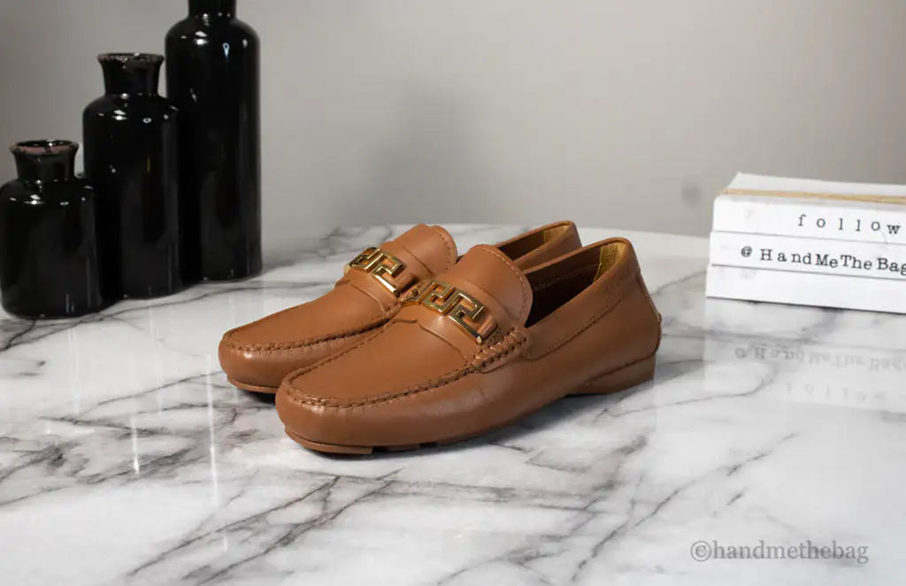 Versace Gold Key Brown Leather Loafers