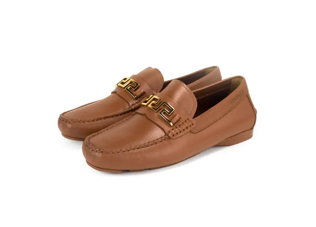 Versace Gold Key Brown Leather Loafers