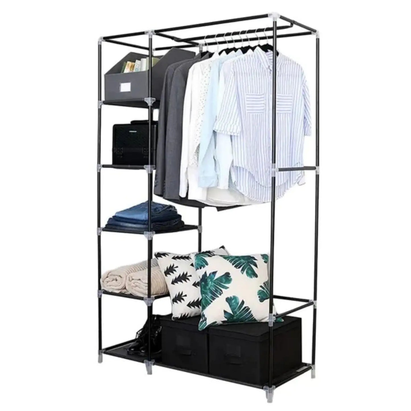 Portable Closet Storage Organizer Wardrobe Clothes Rack With Shelves Black
