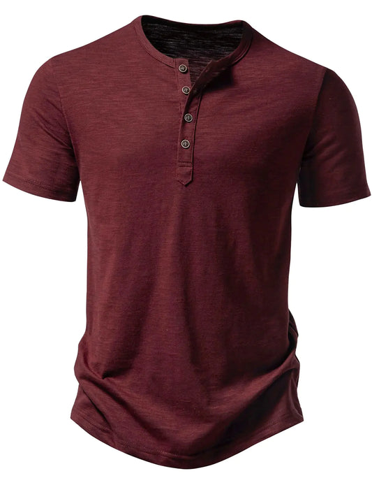 JEMITOP Men's Stretch Cotton Henley Tee Burgundy M